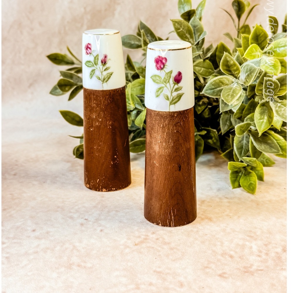 Floral Porcelain‎ and Wood Salt and Pepper Shakers